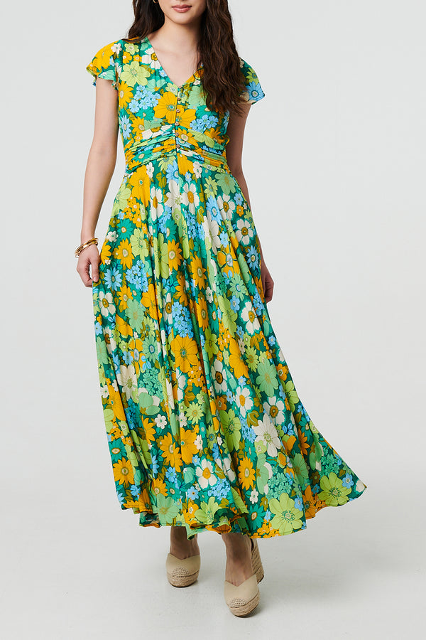 MULTI GREEN | Floral Cap Sleeve A-Line Maxi Dress