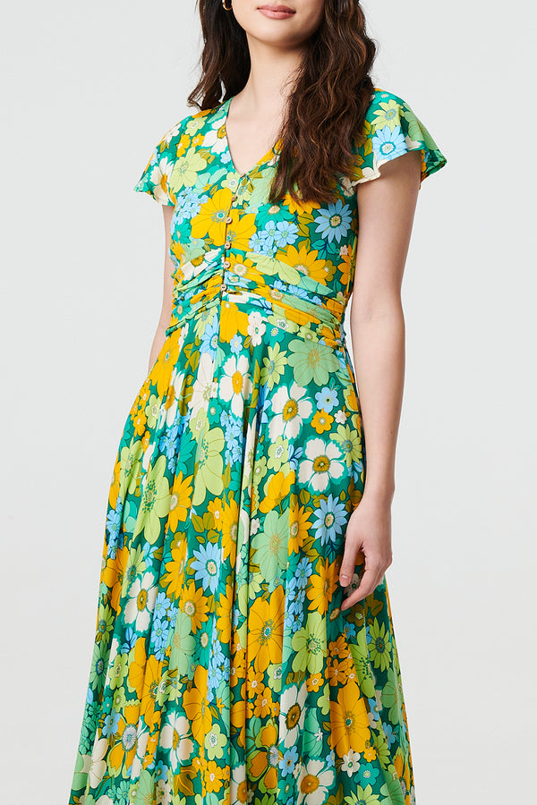 MULTI GREEN | Floral Cap Sleeve A-Line Maxi Dress