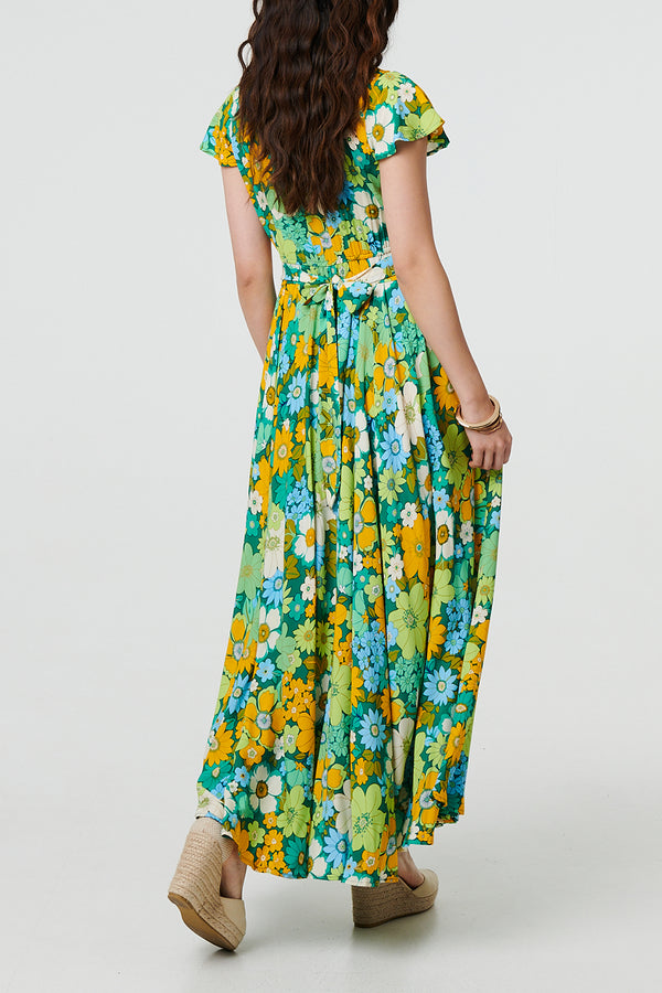 MULTI GREEN | Floral Cap Sleeve A-Line Maxi Dress