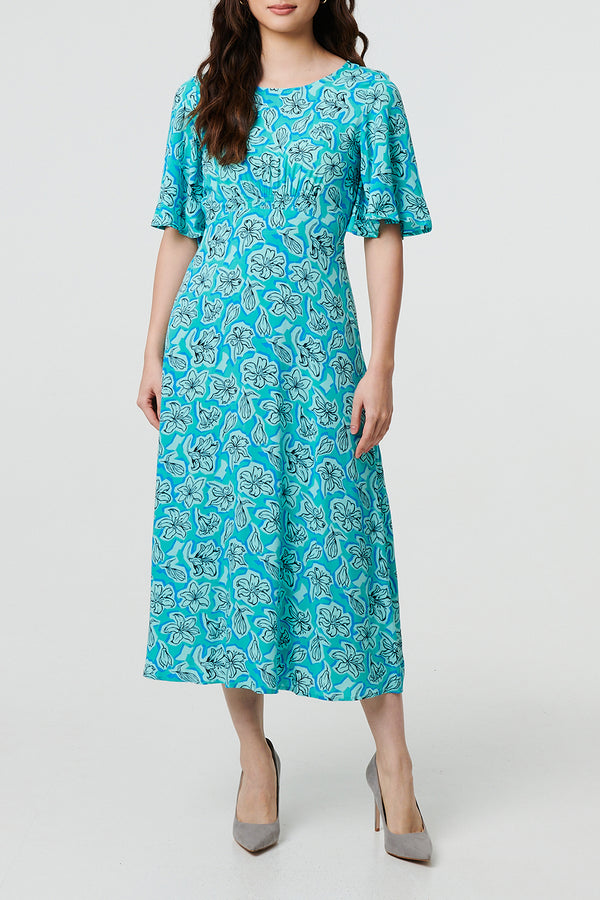 GREEN | Floral 1/2 Angel Sleeve Relaxed Midi Dress