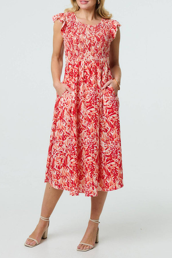 RED | Floral Frill Cap Sleeve Midi Smock Dress