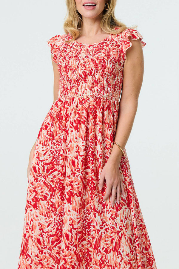 RED | Floral Frill Cap Sleeve Midi Smock Dress
