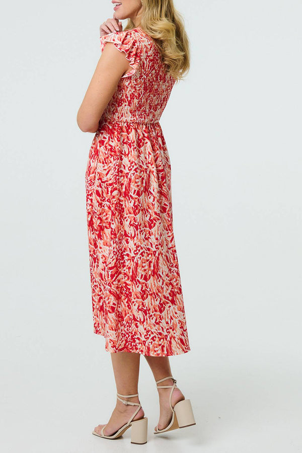 RED | Floral Frill Cap Sleeve Midi Smock Dress