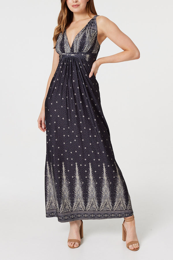 BLACK | Printed Sleeveless Empire Dress
