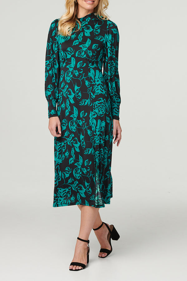 MULTI GREEN | Printed Long Sleeve Midi Dress