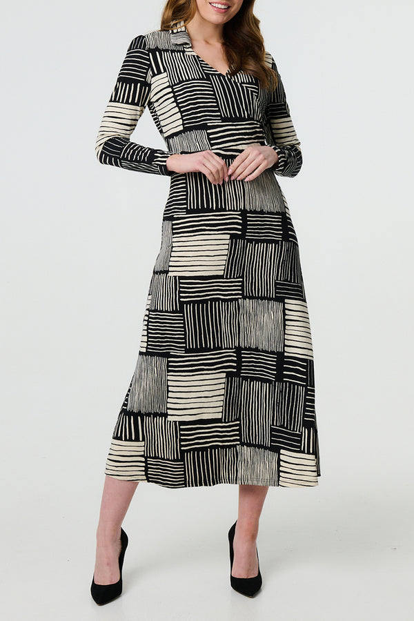 MULTI BLACK | Striped Long Sleeve Maxi Wrap Dress