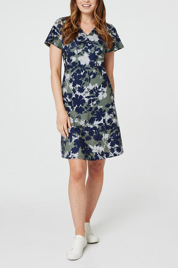MULTI GREEN | Leaf Print A-Line Short Dress