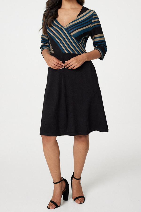 MULTI BLACK | Striped Short Skater Wrap Dress