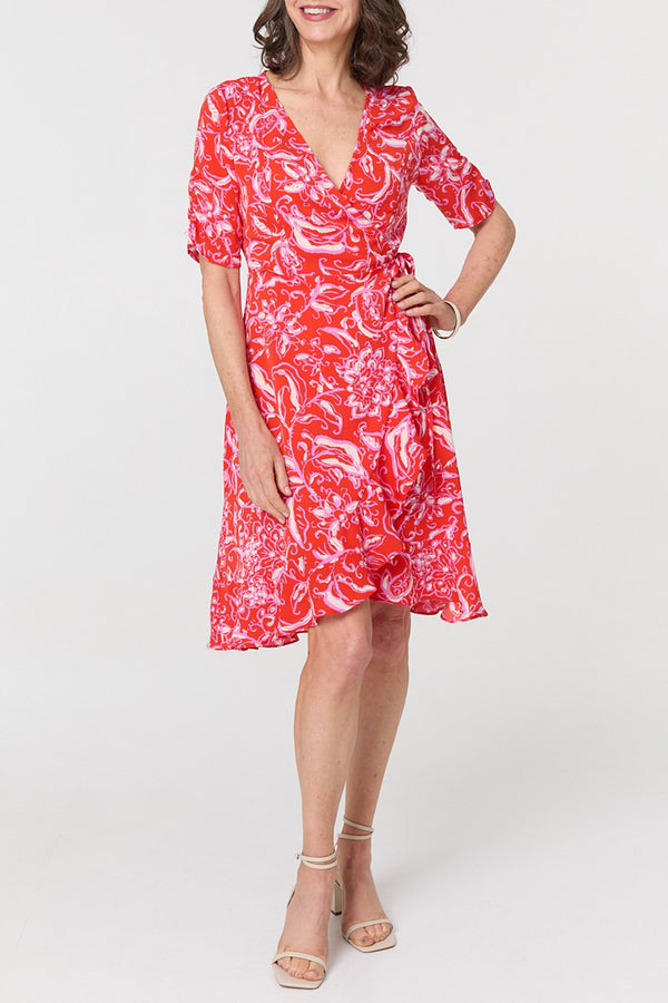 ORANGE | Floral Frill Hem Knee Length Wrap Dress