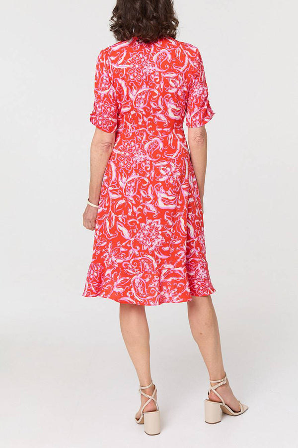ORANGE | Floral Frill Hem Knee Length Wrap Dress