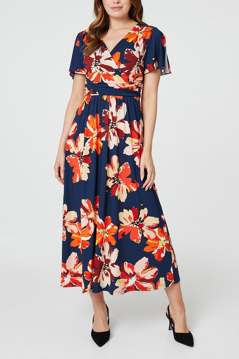 Floral Ruched Waist Midi Dress – Stella Morgan