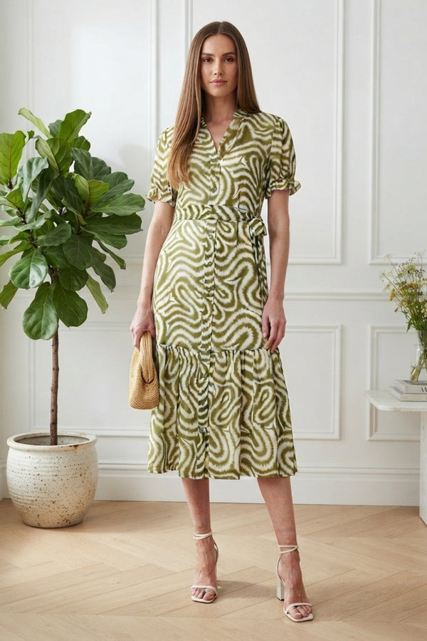 Abstract Short Sleeve Midi Shirt Dress| GREEN