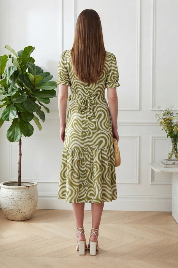 Abstract Short Sleeve Midi Shirt Dress| GREEN