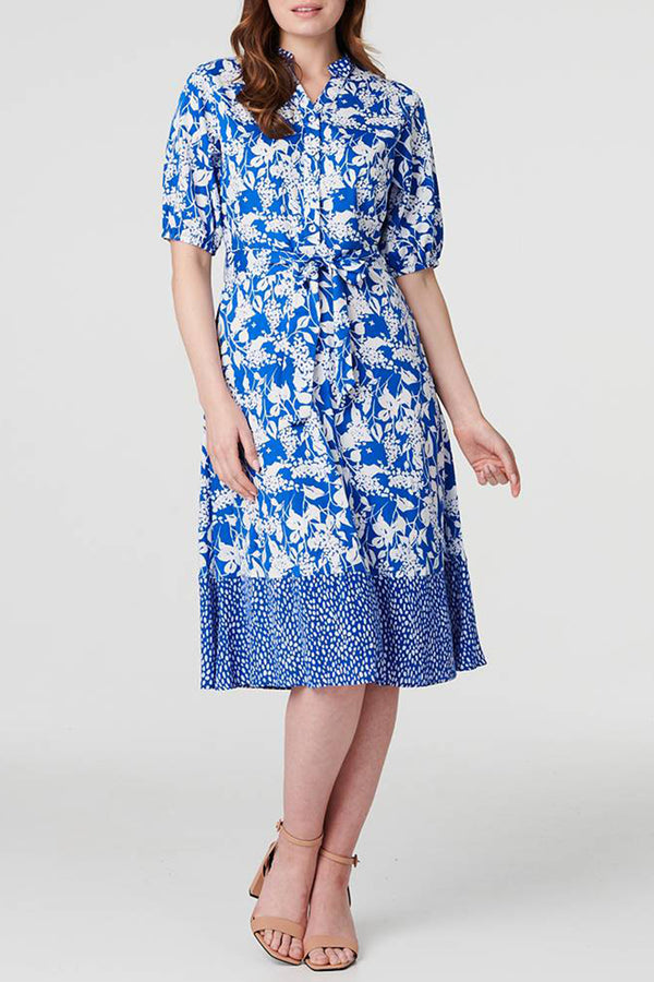 BLUE | Floral Collarless Midi Shirt Dress