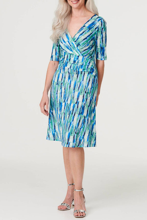 MULTI GREEN | Printed 1/2 Sleeve V-Neck Wrap Dress