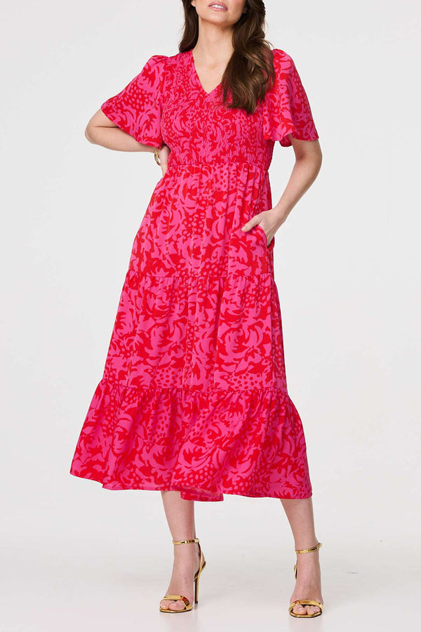PINK | Printed Flare 1/2 Sleeve Smock Dress
