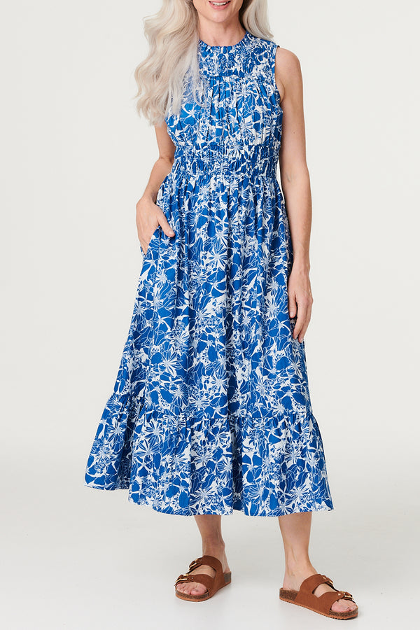 NAVY | Floral High Neck Shirred Midi Dress
