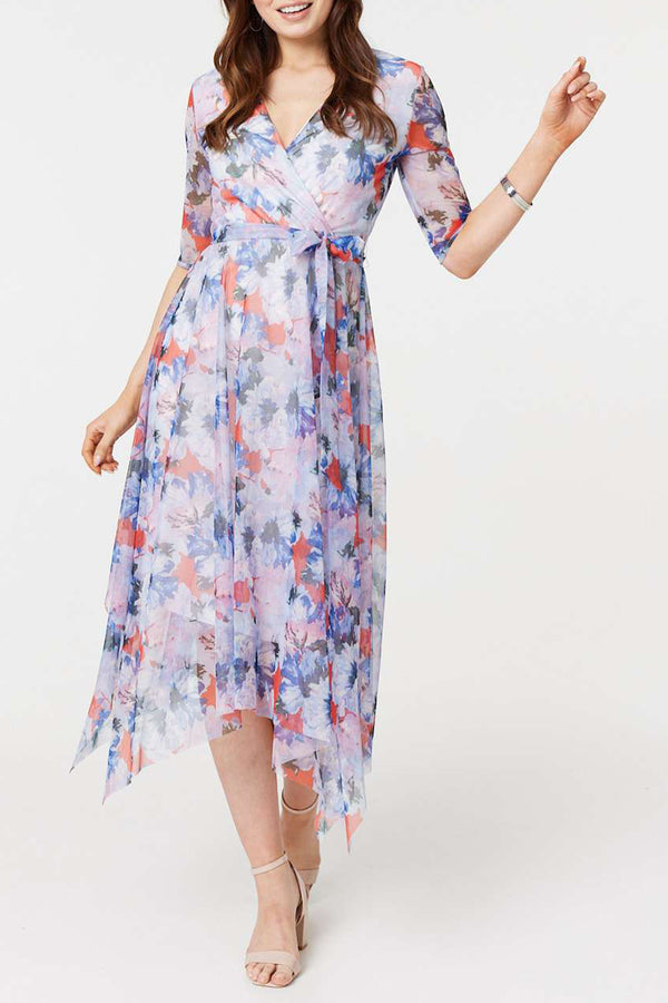 MULTI BLUE | Floral Semi-Sheer Faux Wrap Dress