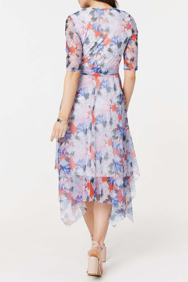 MULTI BLUE | Floral Semi-Sheer Faux Wrap Dress