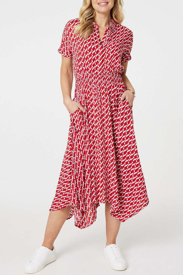 RED | Geo Print Hanky Hem Midi Dress