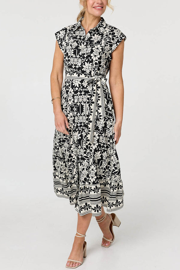 Floral Cap Sleeve Tie Midi Shirt Dress| MULTI BLACK
