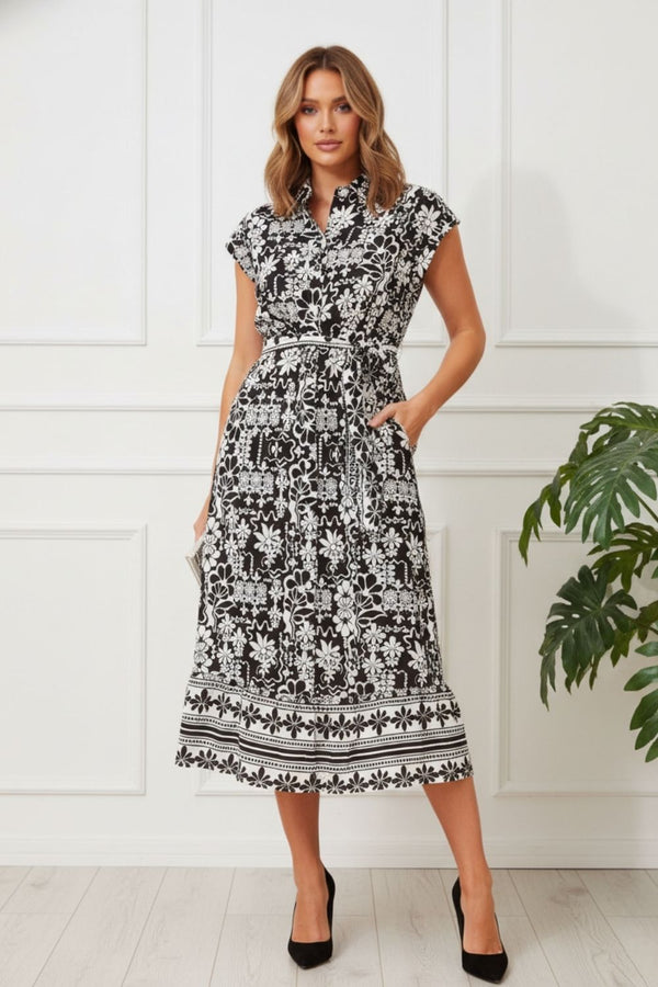 Floral Cap Sleeve Tie Midi Shirt Dress