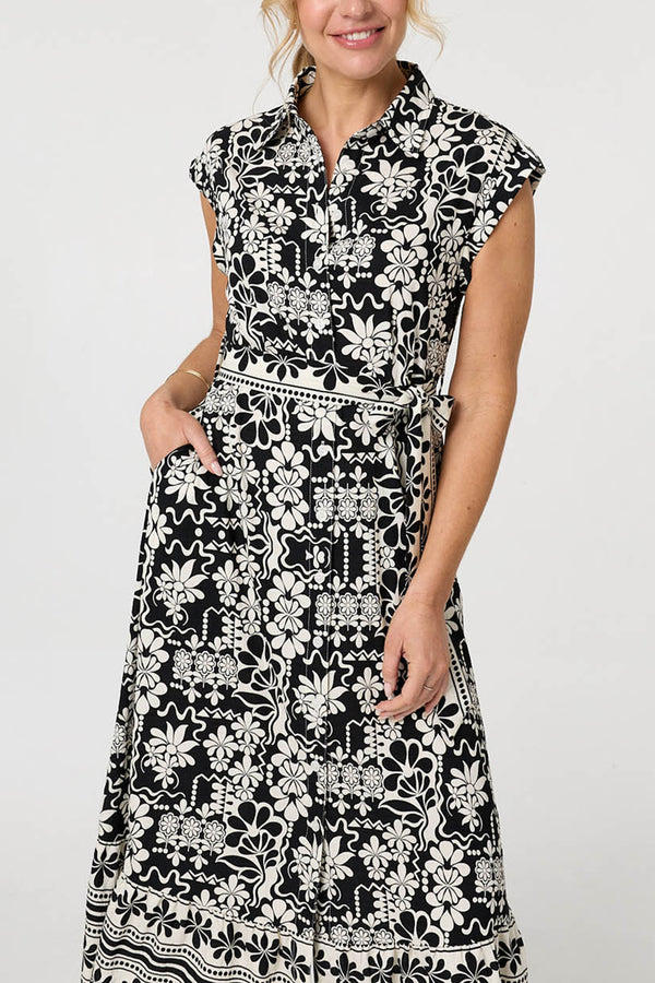 Floral Cap Sleeve Tie Midi Shirt Dress| MULTI BLACK