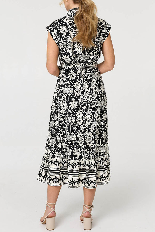 Floral Cap Sleeve Tie Midi Shirt Dress| MULTI BLACK