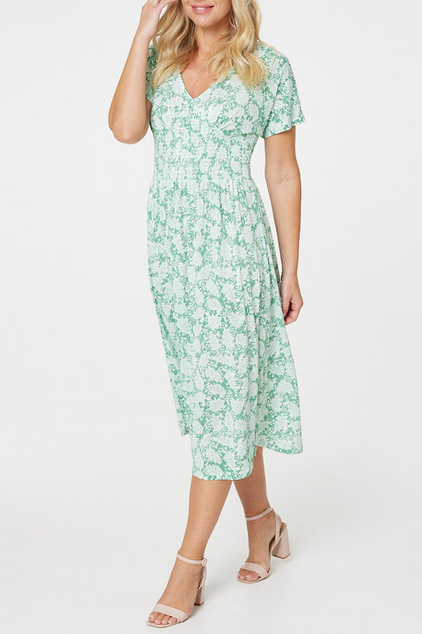 GREEN | Printed Shirred Waist Midi Dress