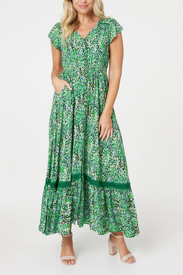 Multi Green | Printed Lace Detail Maxi Dress