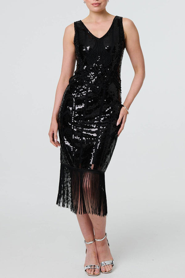 BLACK | Sequin Embellished Tassel Hem Midi Dress