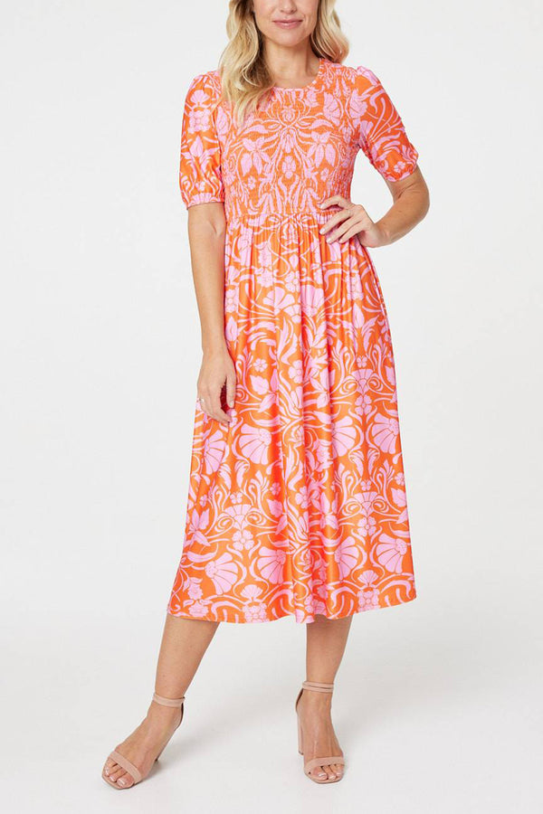 Multi Orange | Floral Smocked Detail Midi Dress