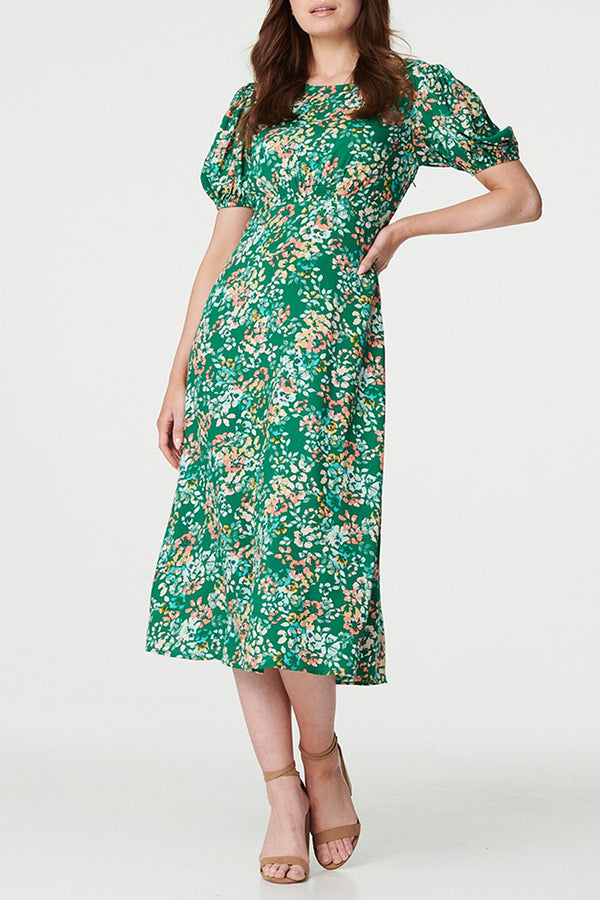 GREEN | Floral Puff Sleeve Midi Dress