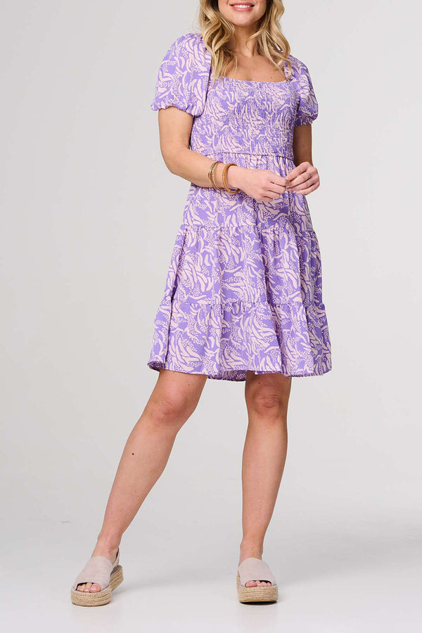 PURPLE | Printed Puff Sleeve Square Neck Short Dress