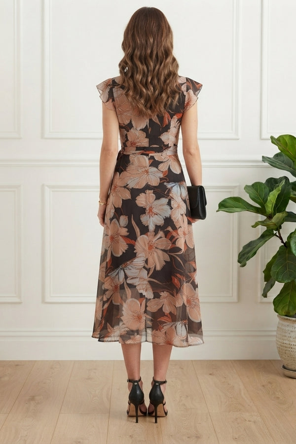 Floral High Low Layered Midi Dress| MULTI BLACK