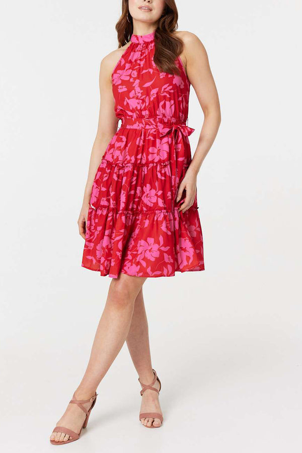 PINK | Floral High Halter Neck Short Dress