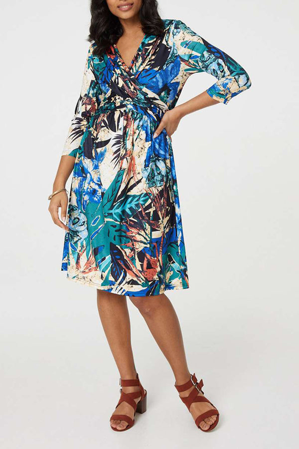 MULTI GREEN | Tropical Print Faux Wrap Dress