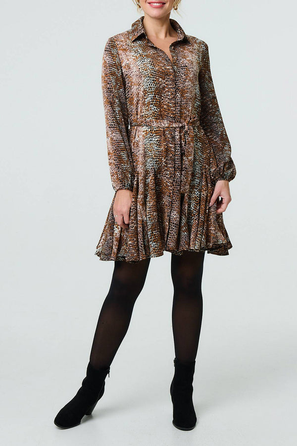 MULTIROWN | Snake Print Pleated Mini Shirt Dress