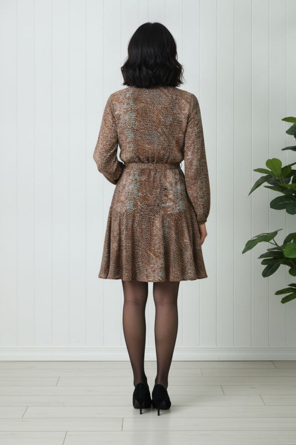 Snake Print Pleated Mini Shirt Dress| MULTI BROWN