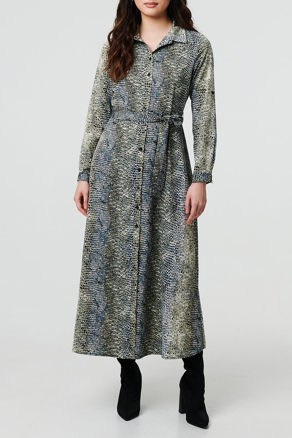 GREEN | Snake Print Long Sleeve Maxi Shirt Dress