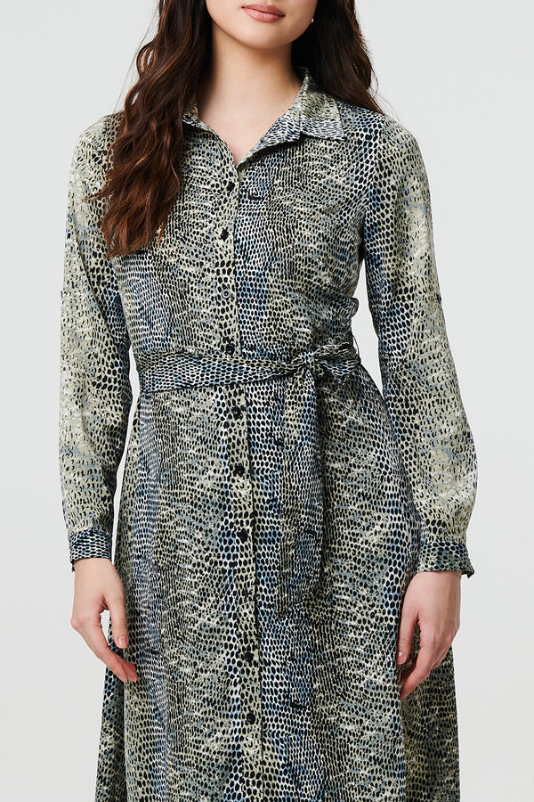 GREEN | Snake Print Long Sleeve Maxi Shirt Dress