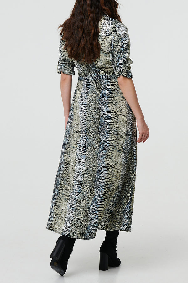 GREEN | Snake Print Long Sleeve Maxi Shirt Dress