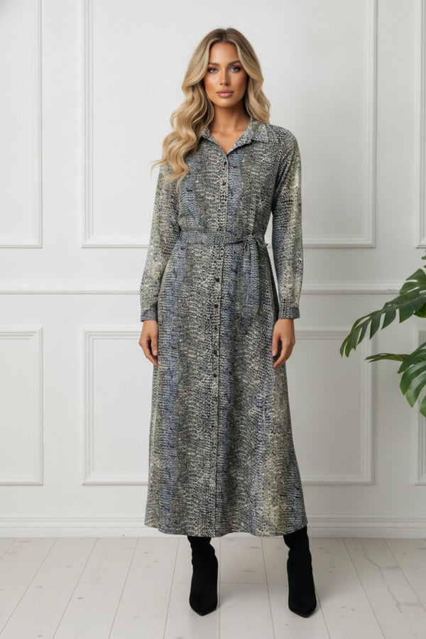 Snake Print Long Sleeve Maxi Shirt Dress