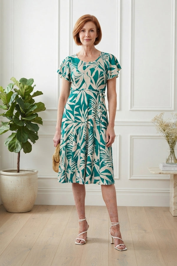 Leaf Print Short Sleeve Tie Midi Dress| GREEN