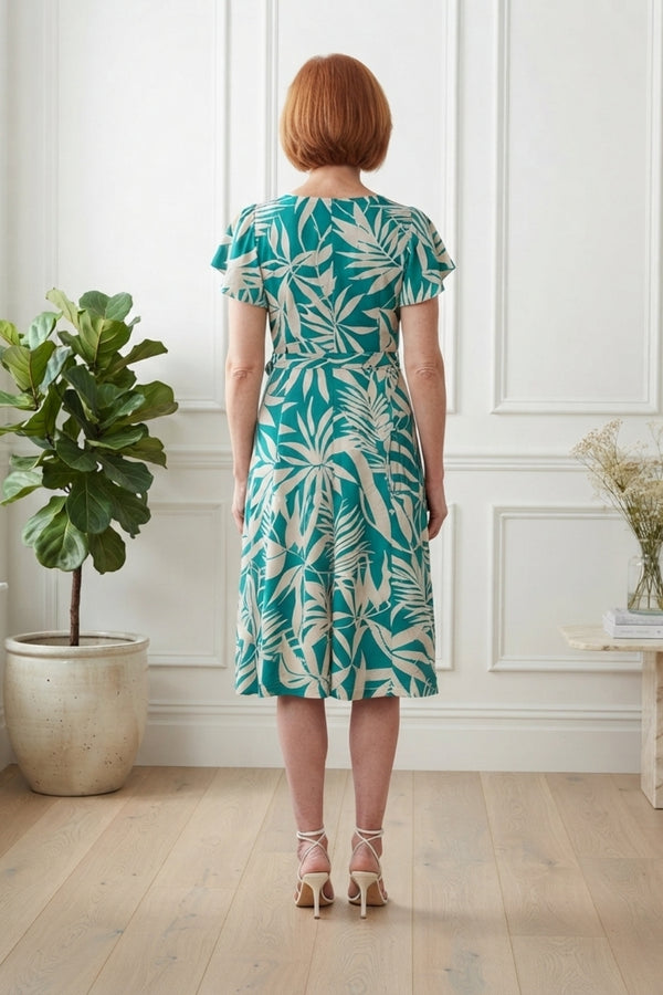 Leaf Print Short Sleeve Tie Midi Dress| GREEN