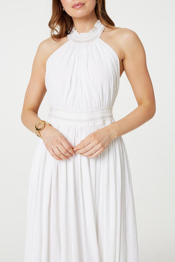White | Lace Trim Halter Neck Maxi Dress