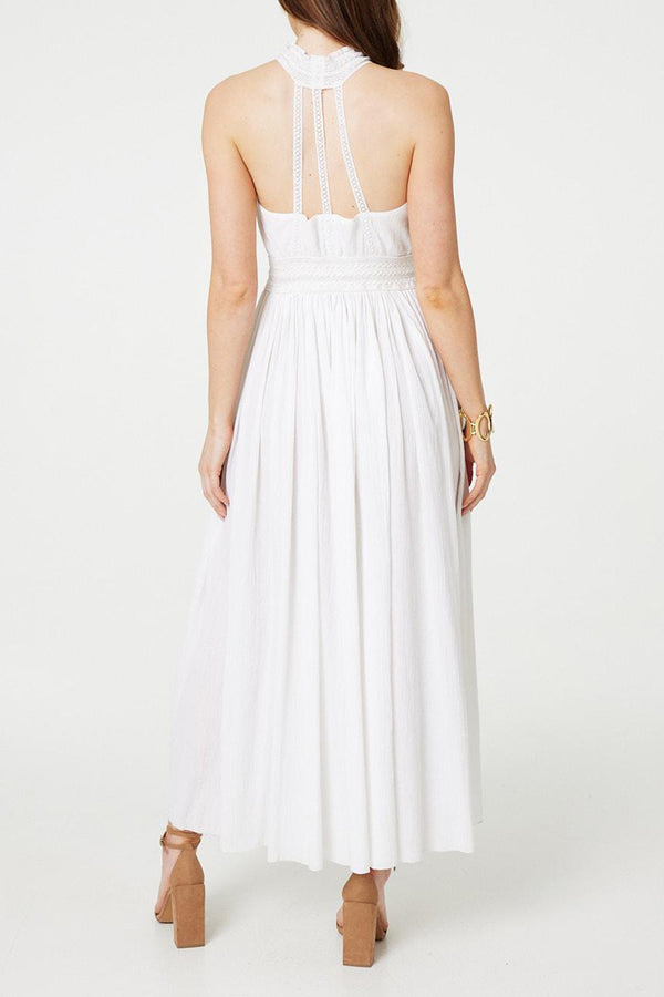 White | Lace Trim Halter Neck Maxi Dress