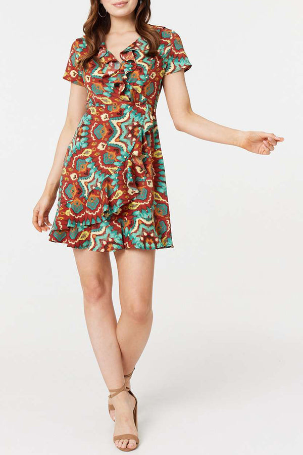 MULTI RED | Printed Short Ruffled Wrap Dress