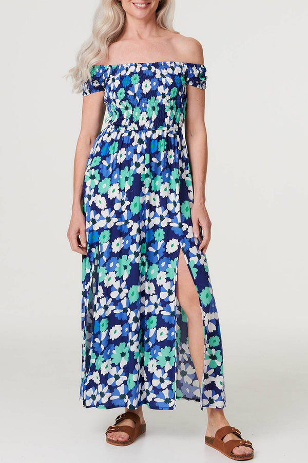 MULTI BLUE | Floral Bardot Split Hem Maxi Dress
