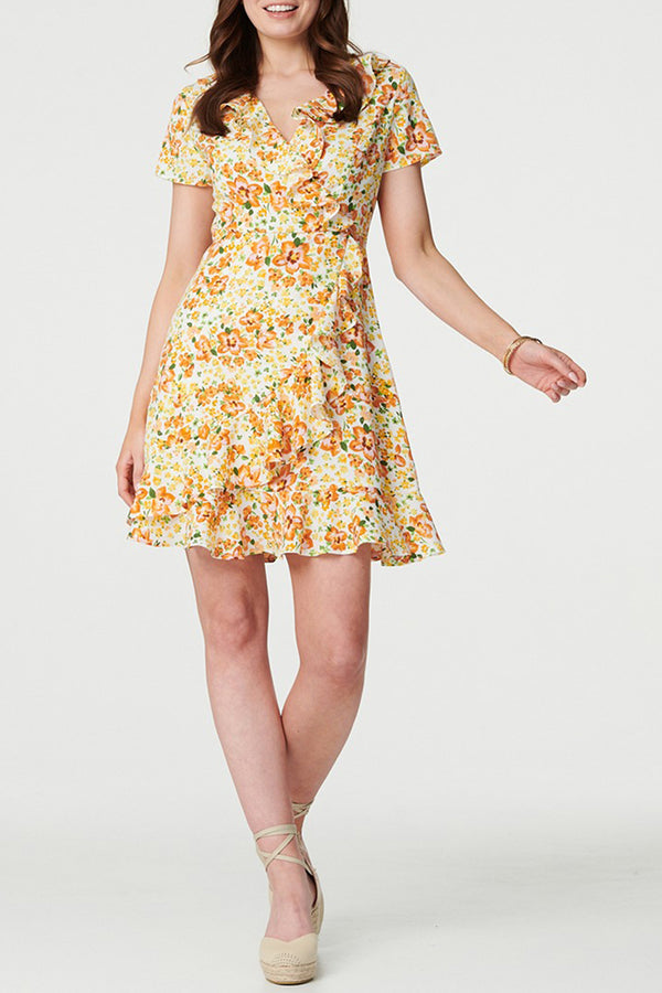 MULTI YELLOW | Floral Frill Short Sleeve Wrap Dress